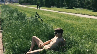 Guy nude wanking dick outside
